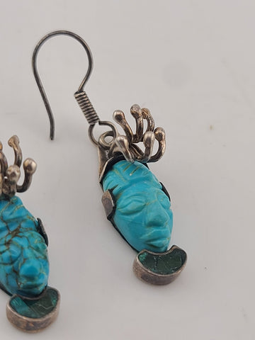OOAK Vintage Mexican Sterling Silver Aztec-Style Turquoise Face Drop Earrings