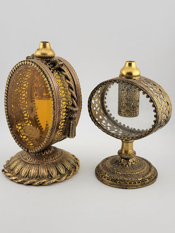 Set Of 2 Antique Ornate pair Gold Ormolu Filigree Perfume Bottle Cherubs bottles