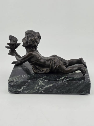 Vintage Small Bronze Child w/ Bird Figurine on Green Marble Pedestal Base Signed