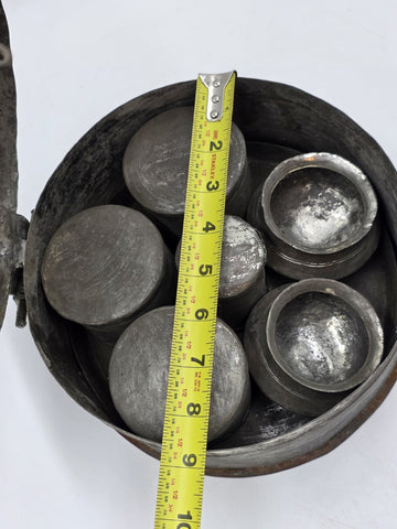 1800s Antique Toleware Apothecary/ Medicine Mixing Box, W Canisters in Round Tin