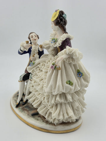 Vintage Sitzendorf Germany Lace Porcelain Courtship Scene Figurine Crown Mark.