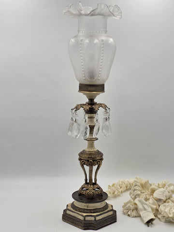 Antique Victorian Converted Table Lamp Etched Glass Shade Prism Drops 24"
