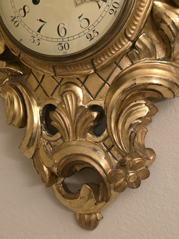 Antique Swedish Rococo Gold Gilt Wall Clock FHS Hermle Movement 1920s. Working.