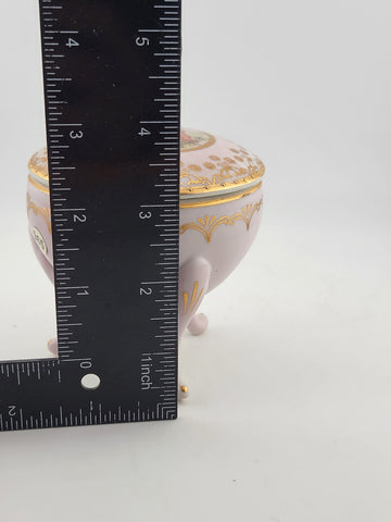 Antique Porcelain Victorian Love Scene 3 Footed Trinket Box w/ Cross Arrow Mark