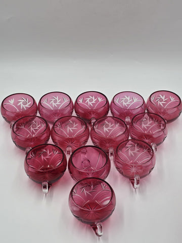 Rare 1940's Vtg Bohemian Cranberry Cut to Clear Crystal Punch Bowl Set w/13 Cups
