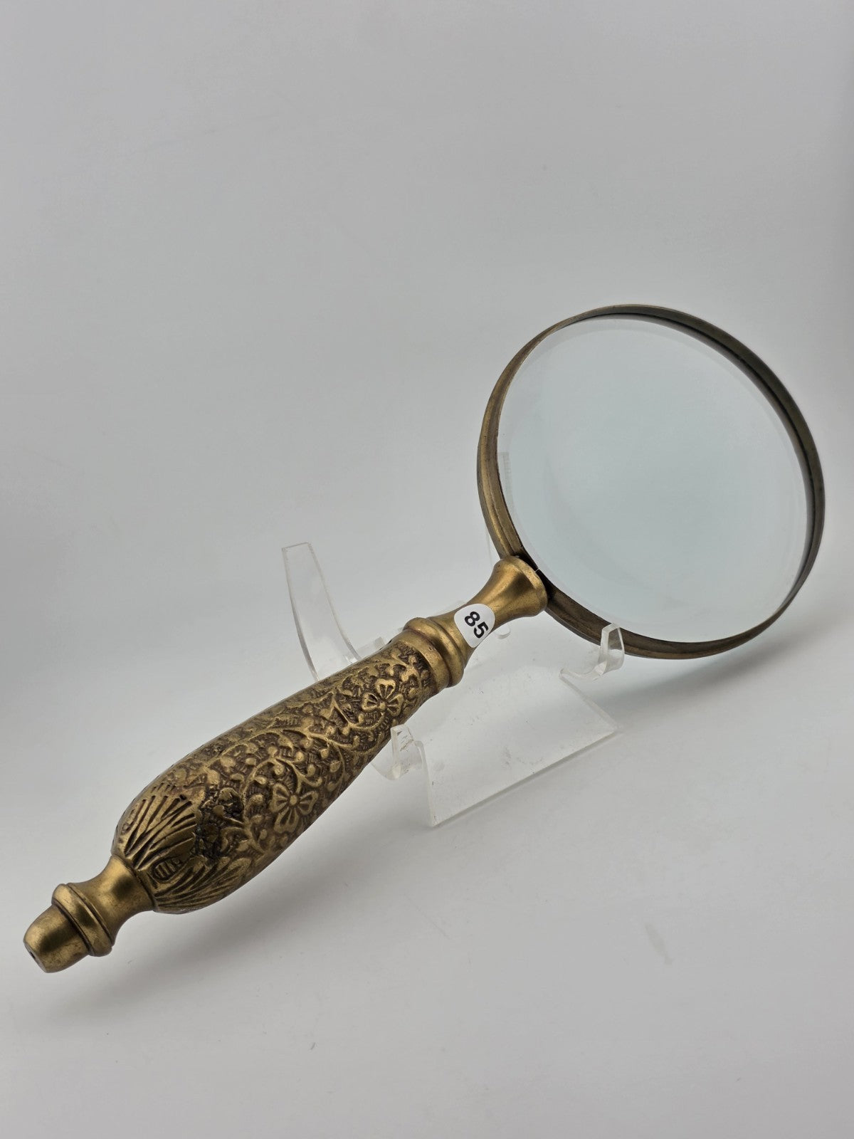 Vintage Mid Century Modern Brass Hand Held Magnify Glass W/ Ornate Handle.