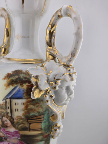 Antique 19thC Hand Painted Porcelain Vase Romantic Scene Gold Gilt Paris Style