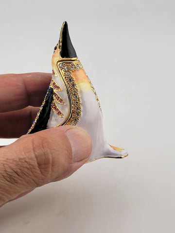 Vintage Penguin Treasure Inside Enameled Rhinestone Trinket Box In Original Box.