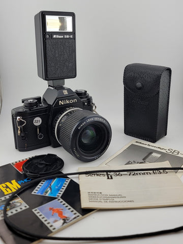 Nikon EM Film Camera + Series E Zoom 36-72mm F/3.5 Lens + Speedlight SB-E Flash