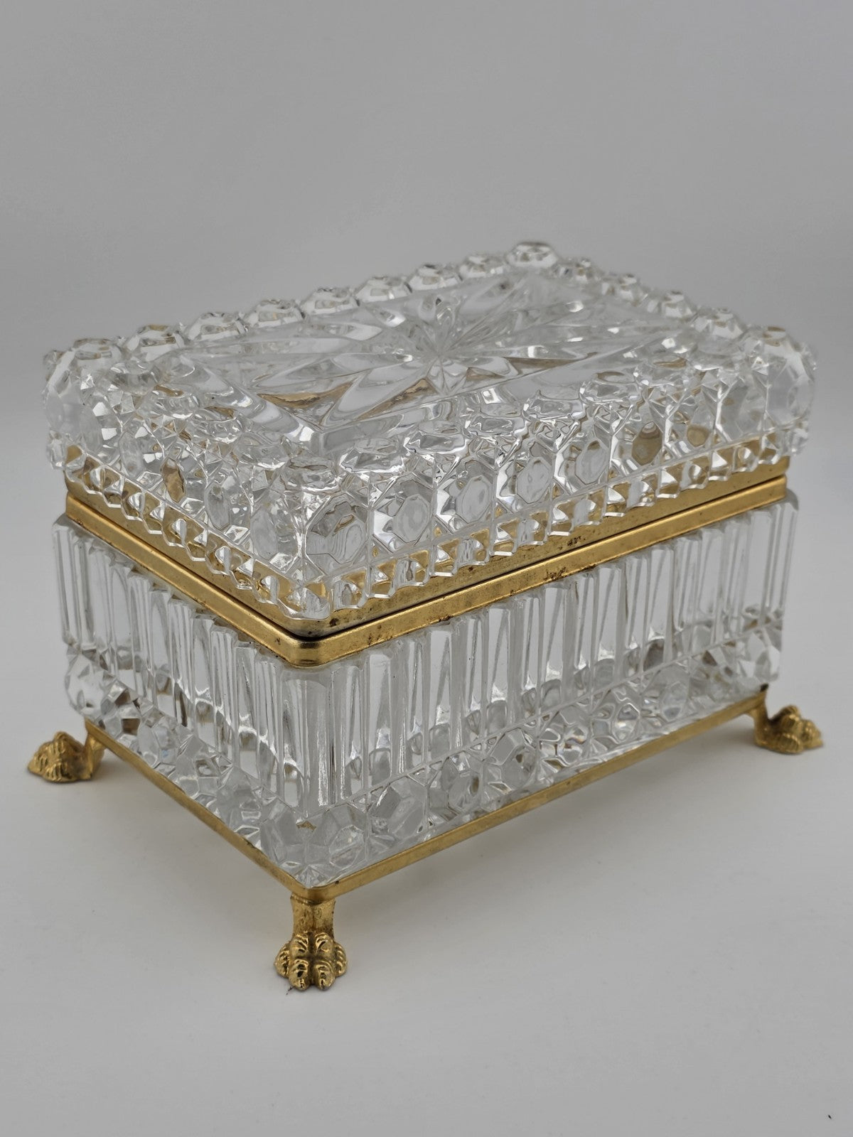 French Baccarat Style Jewelry Casket Footed Box Heavy Crystal Glass Hinged Lid