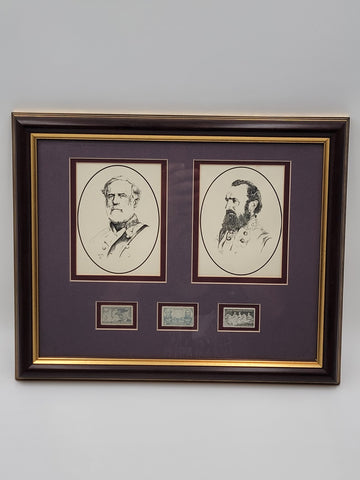 Framed Lee and Jackson Portraits with 1937 Lee/Jackson 4cent Stamp - 13" x 16"