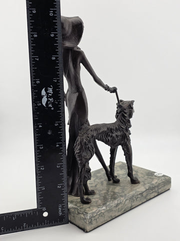 Rare 1930's Art Deco French Bronze Sculpture of Lady Walking Her Greyhound Dog.