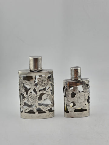Antique Set Of 2 Sterling Silver Overlay Glass Perfume Bottles. 3.5 & 2.5 Inches