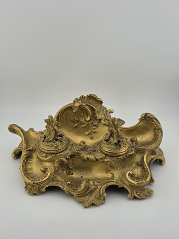 Antique 19th C French Louis XV Rococo Ornate Gilt Bronze Ormolu Inkwell Inkstand