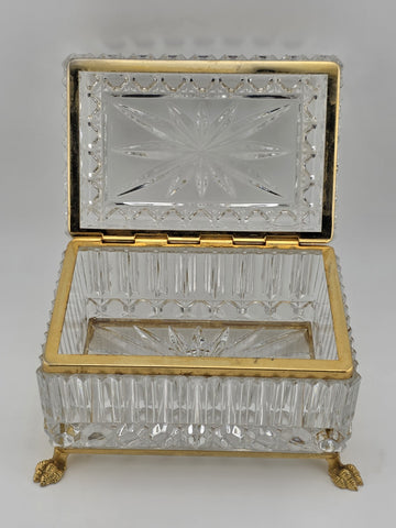 French Baccarat Style Jewelry Casket Footed Box Heavy Crystal Glass Hinged Lid