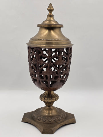 Rare Antique Solid Brass/Cast Iron Two-Tone Lidded Filigree Cut Decorative Urn