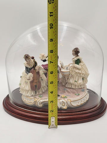 Antique 19th C Victorian Dersden Germany Laced Figurine Music Trio In Glass Dome