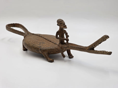Rare African Senufo Bronze Crocodile with Rider Ritual Oracle Figure Lost Wax