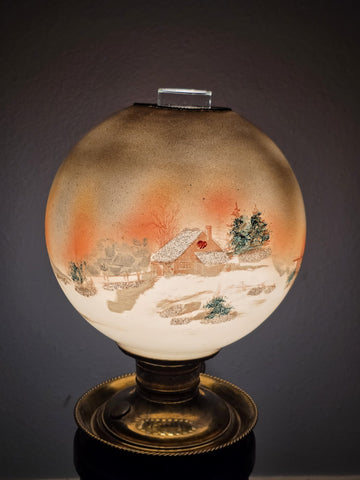 Antique Victorian 1890 Gone With The Wind Lamp Log Cabin Winter Snowy Scenery