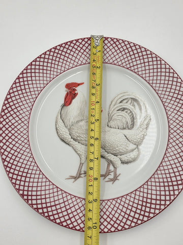 Set of 4 Devonshire Haldon Dinner Plates White Black Rooster Hen Red Lattice.