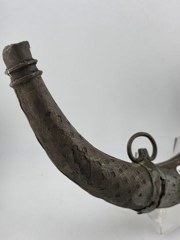 Rare Antique Ornate 19thC Brass Steel Islamic Black Powder Horn Shot Flask C1850