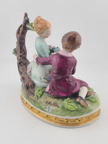 Antique Capodimonte Boy and Girl Porcelain Figurine Romantic Scene W 5”