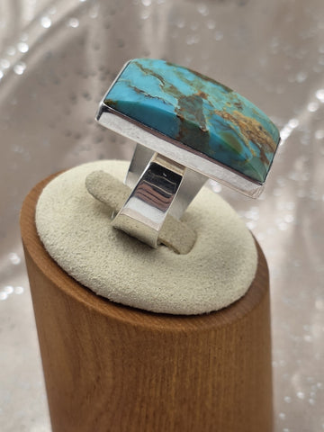 Large Natural Turquoise Sterling Silver Modern Statement Ring Wide Band Size 8.5