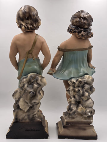 Paor huge 1920 French Art Deco Chalkware polychrome boy & girl figurine statues