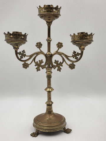 Pair Of Exquisite 19th C Gothic Revival Brass Candelabra W Three Candle Sockets