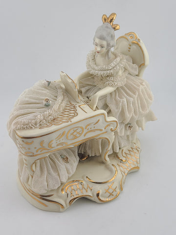 Antique Dresden Art Porcelain Lady at Grand Piano Figurine Lace Dress Germany