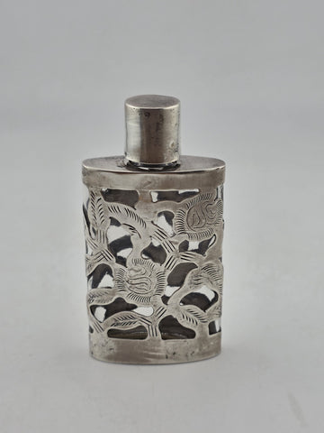 Antique Mexican Sterling Silver 925 Overlay Perfume Bottle Floral Cutwork Flask