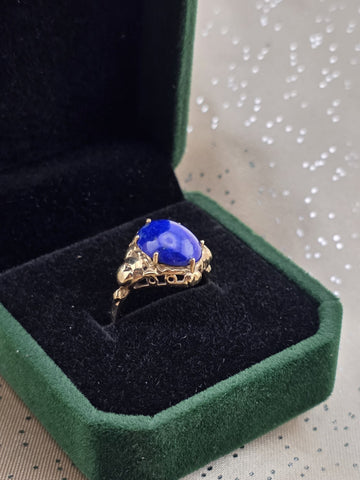 Antique 10K Solid Gold Lapis Lazuli Cabochon Ring Ornate Blue Statement. 6.75.