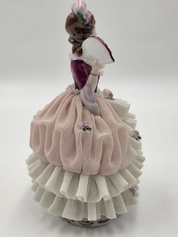 Vintage German Dresden Style Porcelain Lace Lady Figurine Fan Rose 7"