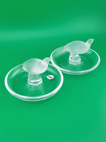 Set Of 2 Lalique Crystal Glass Partridge Quail Bird Ring Holder Trinket Dish