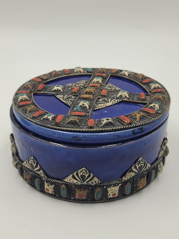 Vtg Mid Century Moroccan Berber Style Cobalt Ceramic Box Vase Metal Inlay Set