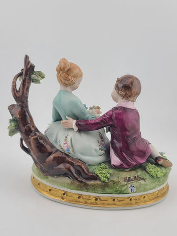 Antique Capodimonte Boy and Girl Porcelain Figurine Romantic Scene W 5”