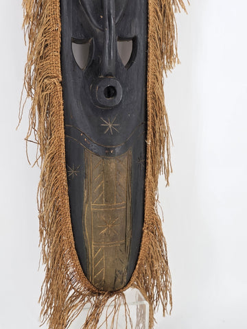 Vintage 40” West African Hand Carved Wood Mask Raffia Fringe Tribal Wall Art