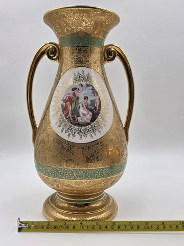 Pair Vintage Le Mieux 24 Karat Gold Handled Vases Victorian Scene Ladies Cherubs