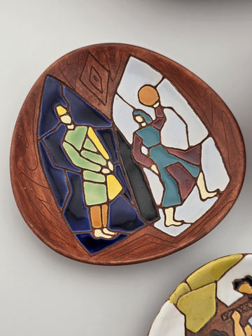 Vtg Keramos Hand Painted Art Pottery Bowl & Plates Lot 7 Mid Century Figurative