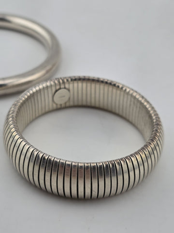 Set Of 2 Heavy Sterling Silver Bangle Bracelet Ribbed Tubogas & Solid 65g Modern