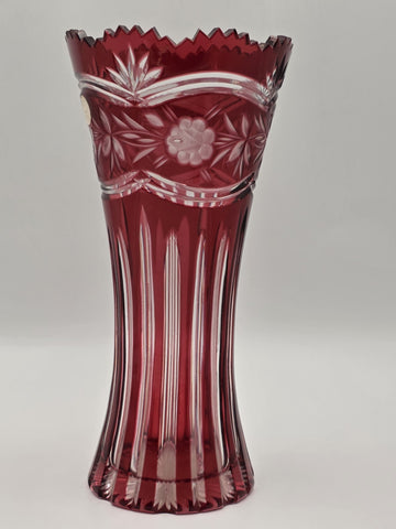 Vtg Bohemian Czech Ruby Cut To Clear Crystal Vase, Large and Heavy Crystal Vase