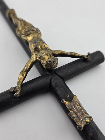 Rare Antique 19th C Crucifix Metal Jesus On Wood Cross W Rare Tips Memento.