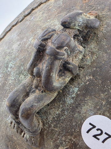 Early 20th C Luba Congo Bronze Ritual Vessel Lid w/ Figures African Tribal Art