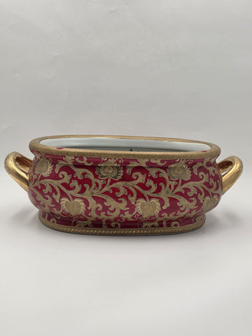 Antique XL Chinese handpainted Red porcelain 24kt gold Oval Footbath, Jardiniere