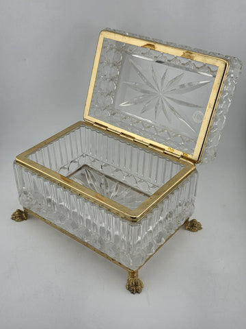 French Baccarat Style Jewelry Casket Footed Box Heavy Crystal Glass Hinged Lid