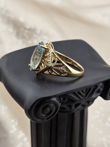 Antique 14K Solid Gold Blue Topaz Marquise Ring Filigree Estate Size 8 W Box.