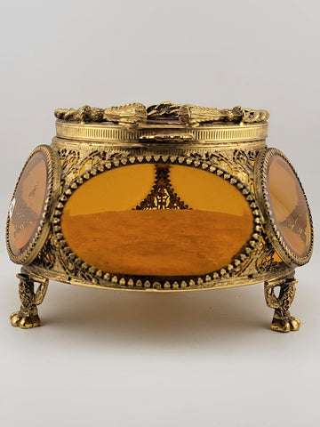 Antique Ormolu Filigree Trinket Casket Vitrine Box, 5-Sided Beveled Amber Glass