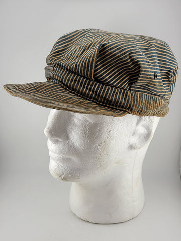 Rare Antique Original Collectible Striped Railroad Engineer Hat Cap Workwear.