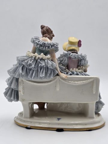 Antique German Dresden Lace Porcelain Figurine Two Ladies On Bench Volkstedt