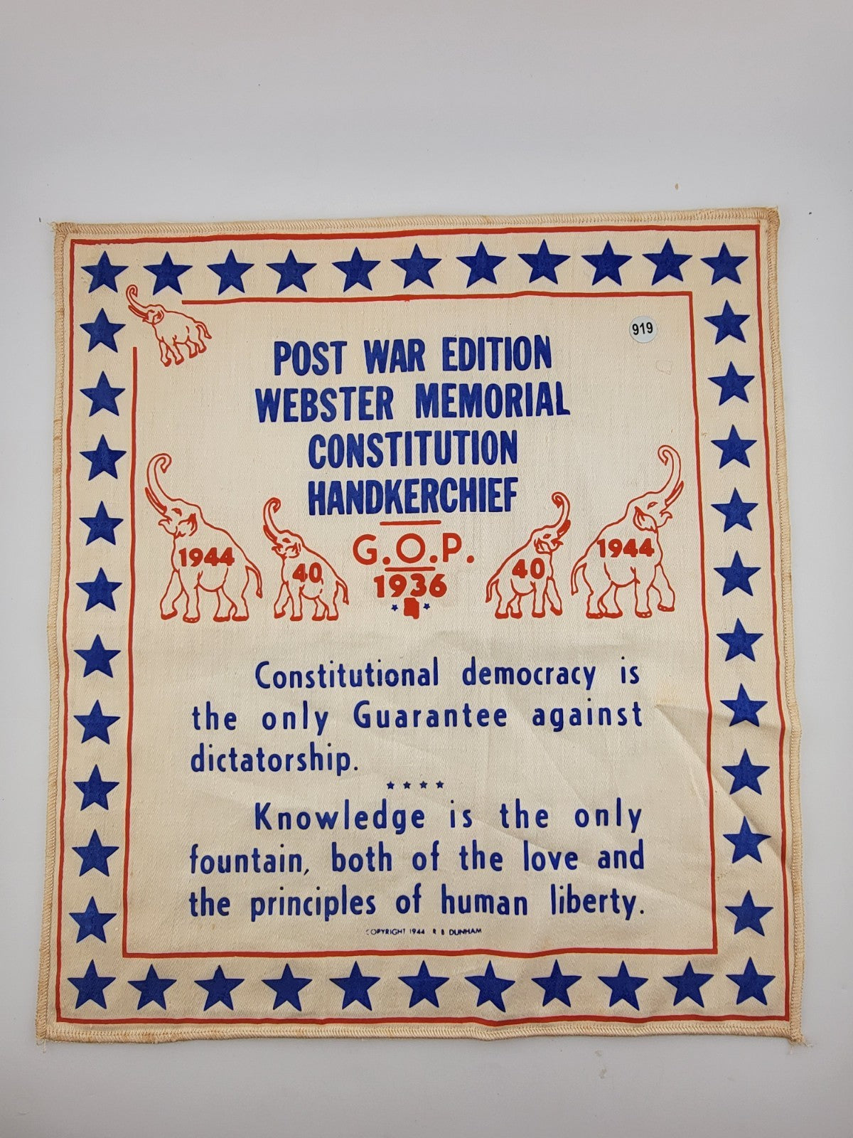 EXTREMELY RARE POST WAR ED. WEBSTER MEMORIAL CONSTITUTION HANKERCHIEF 1944 GOP